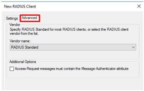 Immagine delle impostazioni avanzate del client RADIUS