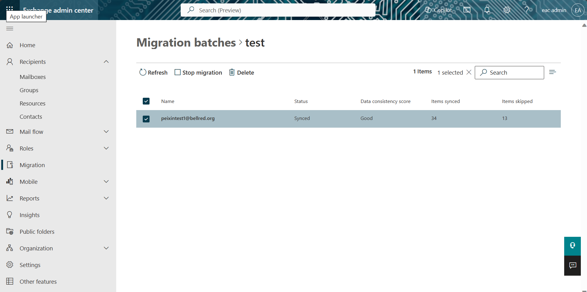 Screenshot dell'interfaccia di amministrazione di Exchange che mostra la pagina specifica per il batch di migrazione.