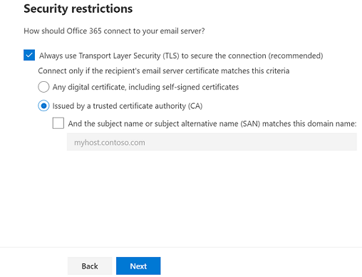 Schermata in cui vengono definite le impostazioni TLS.