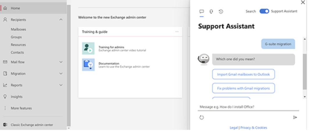 Assistente supporto nella nuova interfaccia di amministrazione di Exchange.