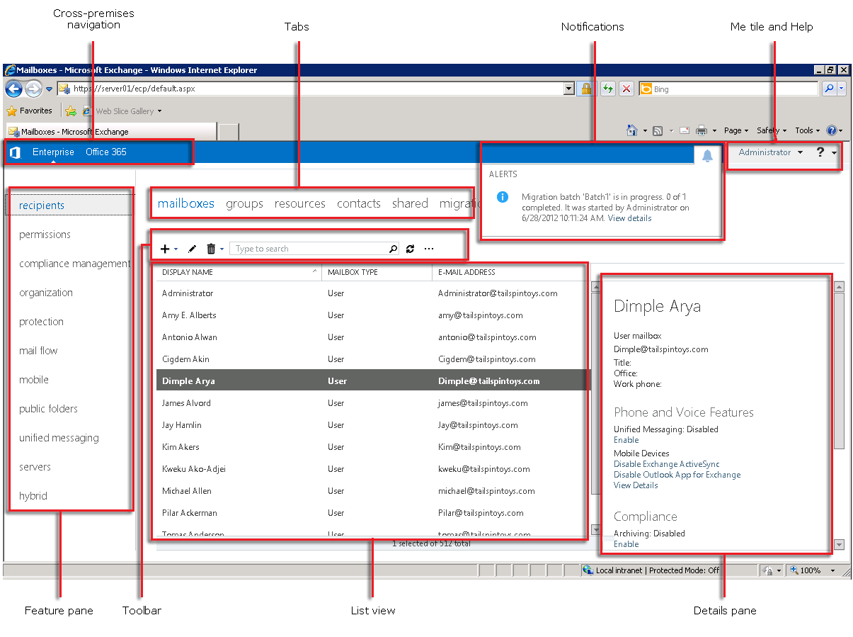 Interfaccia di amministrazione di Exchange.