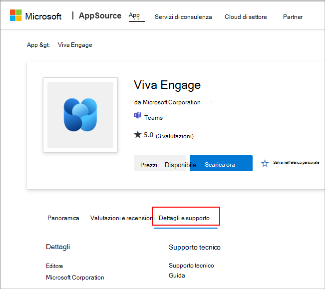 Screenshot che mostra il collegamento guida e supporto tecnico per un'app Teams in AppSource.