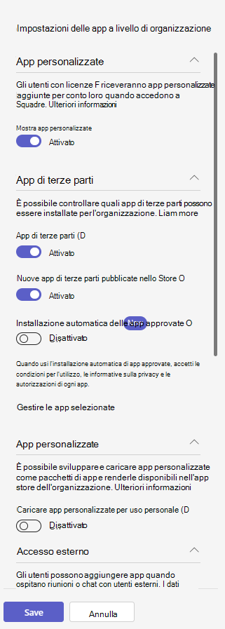 Screenshot del riquadro Impostazioni app a livello di organizzazione nella pagina Gestisci app