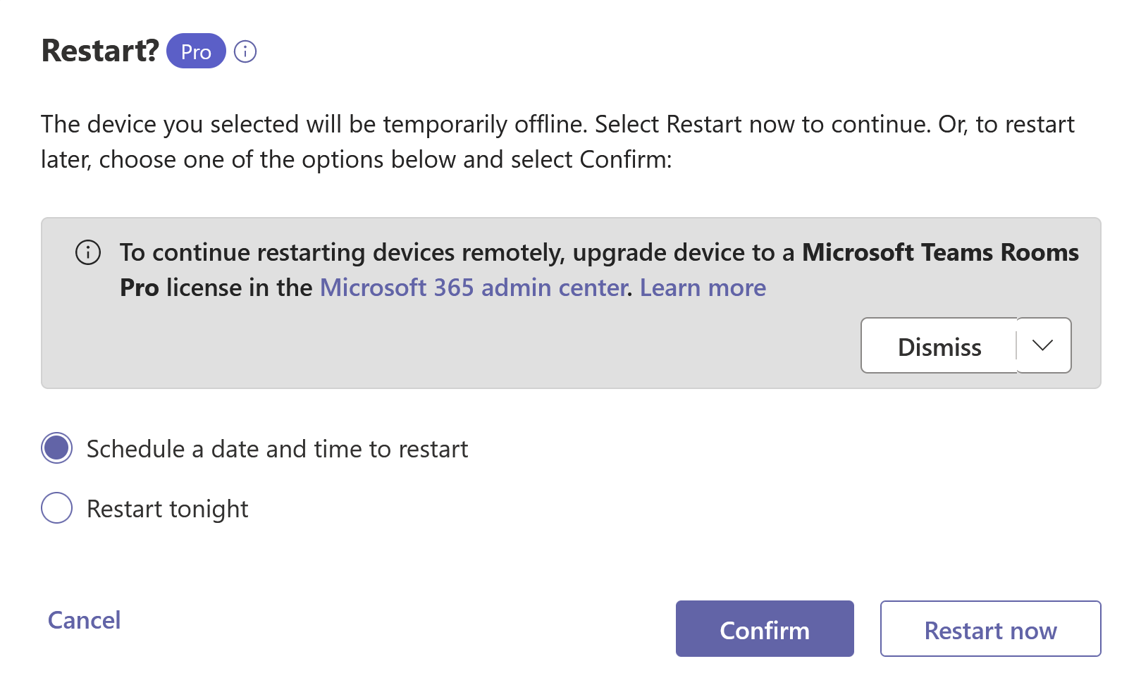 Teams Rooms finestra di dialogo di riavvio del dispositivo con l'icona Pro.