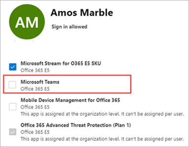 Screenshot 1 della licenza di Teams disabilitata per un utente.