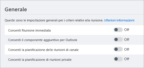 Screenshot delle impostazioni dell'interfaccia di amministrazione di Microsoft Teams.