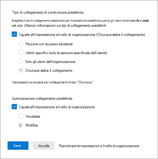 Modifica delle impostazioni predefinite del collegamento di condivisione