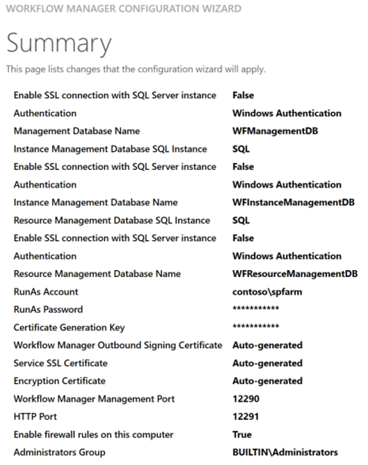 Screenshot che mostra la pagina di riepilogo della configurazione guidata di Gestione flussi di lavoro di SharePoint.