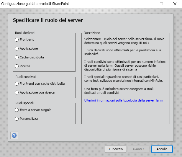 Visualizza la finestra di dialogo PSConfig con ruoli condivisi in SharePoint Server 2019