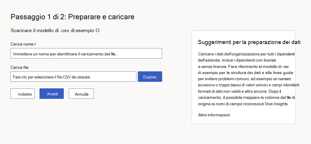 Screenshot che mostra l'opzione Prepara e carica dati.