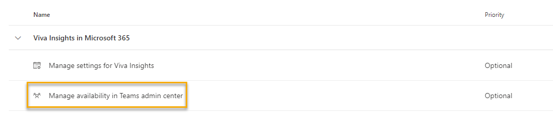 Screenshot che mostra Gestire la disponibilità nell'interfaccia di amministrazione di Teams nella pagina di amministrazione di Viva Insights.