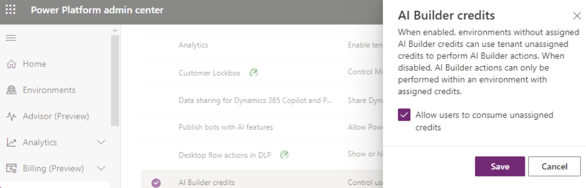 Screenshot dell'opzione per consentire agli utenti di consumare crediti non assegnati nell'interfaccia di amministrazione di Power Platform.