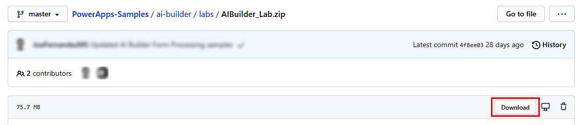 Screenshot della schermata di download di AIBuilder_Lab.zip.