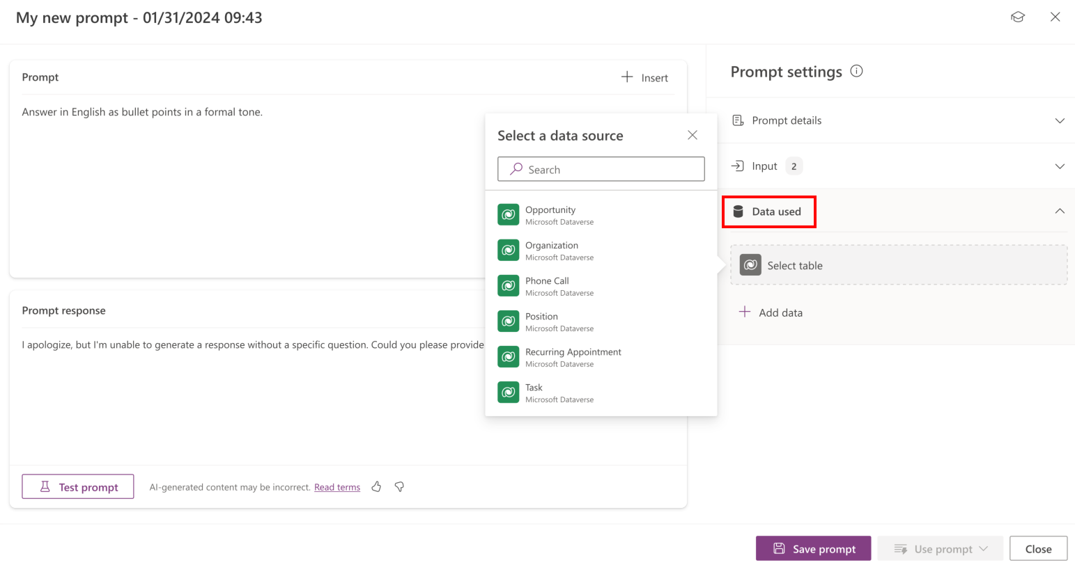 Screenshot di come selezionare una tabella Dataverse come dati da utilizzare nel generatore di richieste.