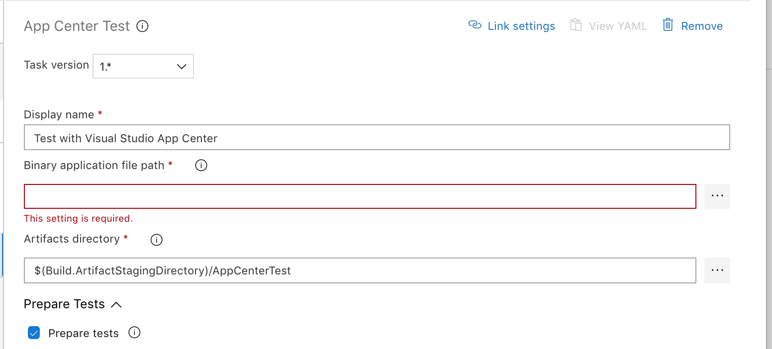 Sezione generale dell'attività Test di App Center