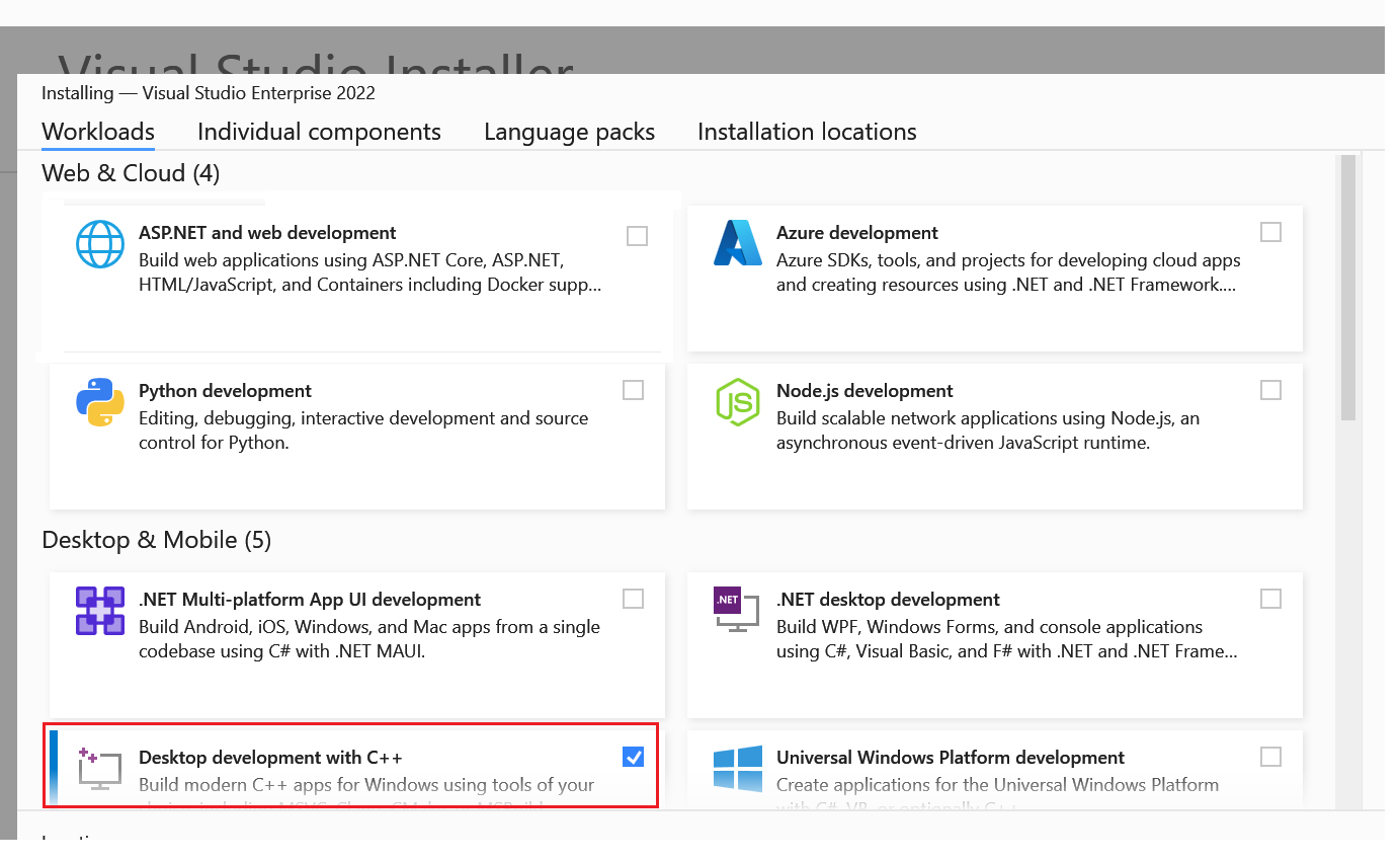 Finestra di dialogo di selezione del carico di lavoro di Visual Studio con l'opzione 