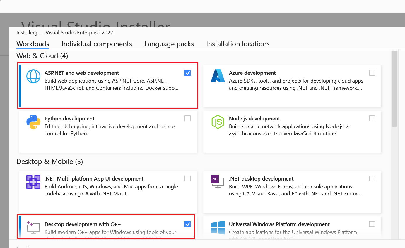 Finestra di dialogo di selezione del carico di lavoro di Visual Studio con l'opzione 