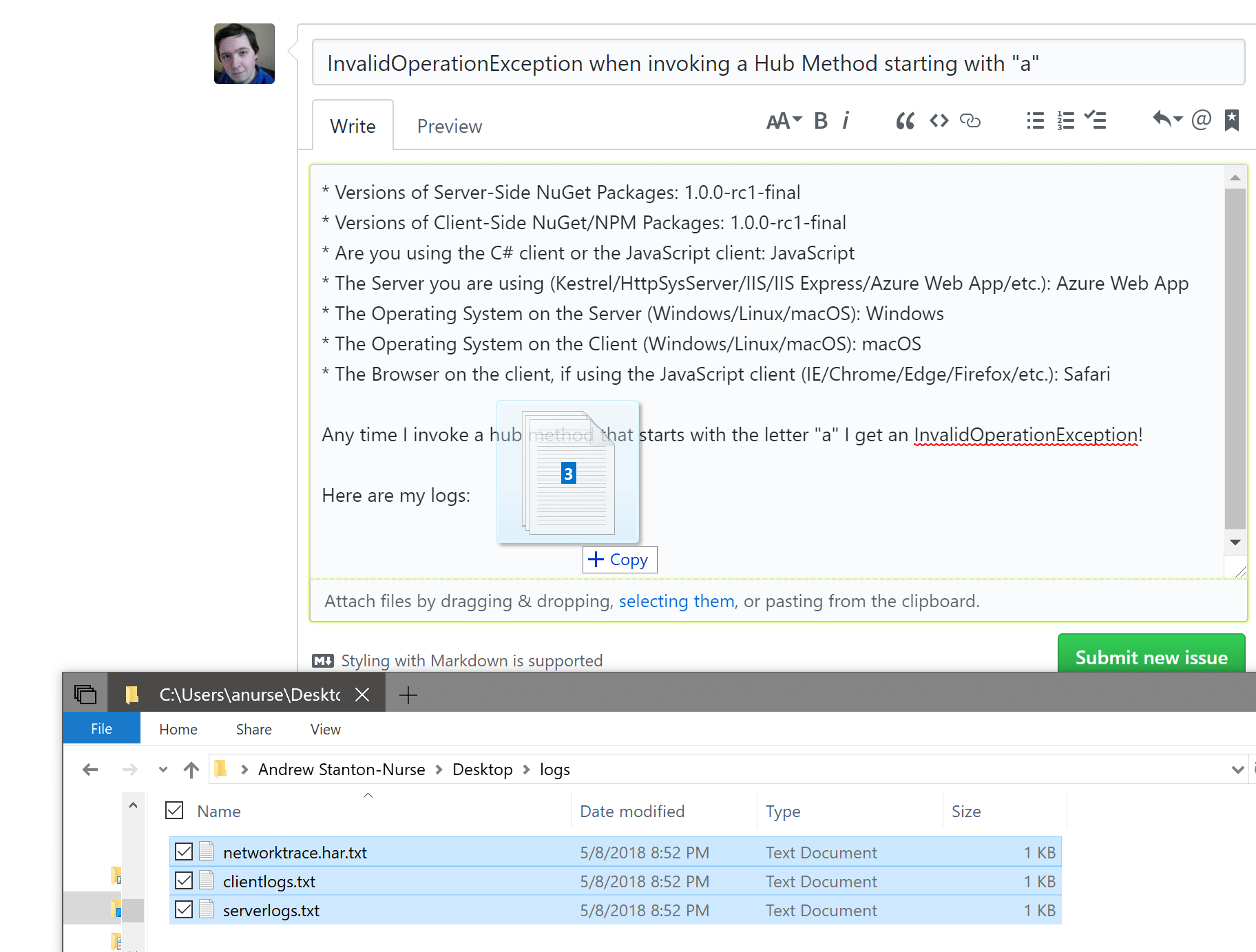 Trascinamento dei file di log in un problema di GitHub