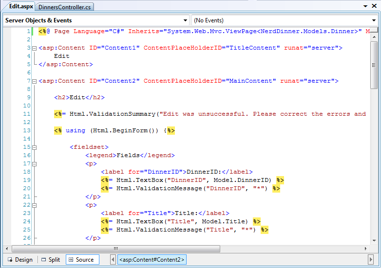 Screenshot del nuovo modello di visualizzazione Modifica all'interno dell'editor di codice.