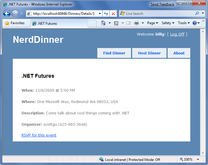 Screenshot della pagina Nerd Dinners con il pulsante R S V P nella parte inferiore.