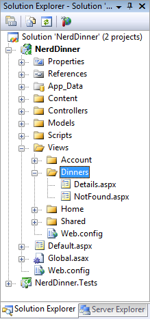 Screenshot della finestra Esplora soluzioni che mostra la gerarchia di cartelle con la cartella Dinners evidenziata in blu.