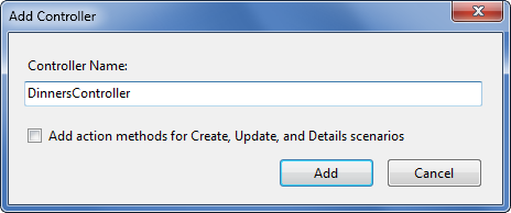 Screenshot della finestra di dialogo Aggiungi controller che mostra il campo Nome controller compilato con il testo Dinners Controller.