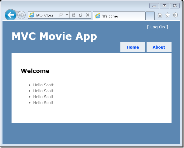 Screenshot che mostra la pagina iniziale nell'app film M V C.