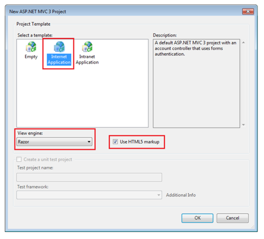 Screenshot di New A S P . Finestra di dialogo N E T M V V 3 Progetto per selezionare Applicazione Internet.