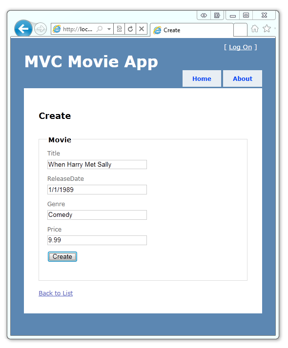 Screenshot che mostra la pagina Crea nell'app film M V C.