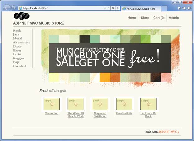 Screenshot del menu panoramica di A S P dot Net Music Store, con opzioni per la selezione di un genere o tra le selezioni in alto.