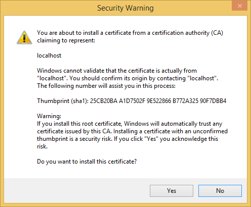 Screenshot che mostra la finestra di dialogo Avviso di sicurezza di Visual Studio che richiede all'utente di scegliere se installare o meno l'certifcate.