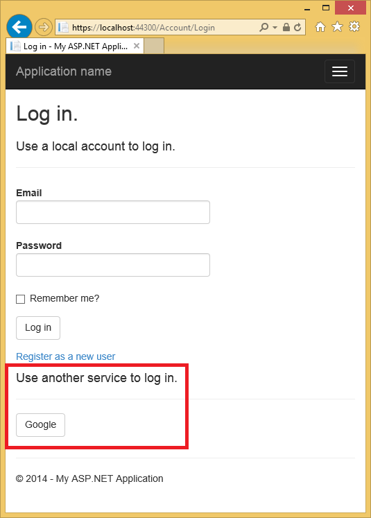 Screenshot che mostra la pagina My A S P dot NET Log in ( My A S P dot NET Log in). La finestra di dialogo Usa un altro servizio per accedere e il pulsante Google sono evidenziati.