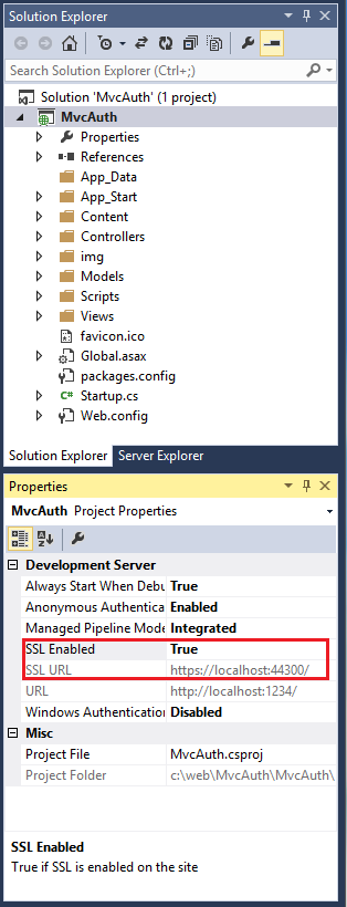 Screenshot che mostra la Esplora soluzioni Proprietà progetto per il progetto di autenticazione M v c. S S L Enabled True e S S L U R L sono evidenziati.