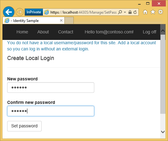 Screenshot che mostra la pagina My A S P dot Net Create Local Login (My A S P dot Net Create Local Login). Una password di esempio viene immessa nei campi Nuova password e Conferma nuovo testo password.