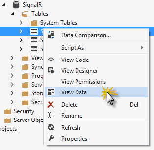 Visualizzare la tabella backplane messages di SignalR