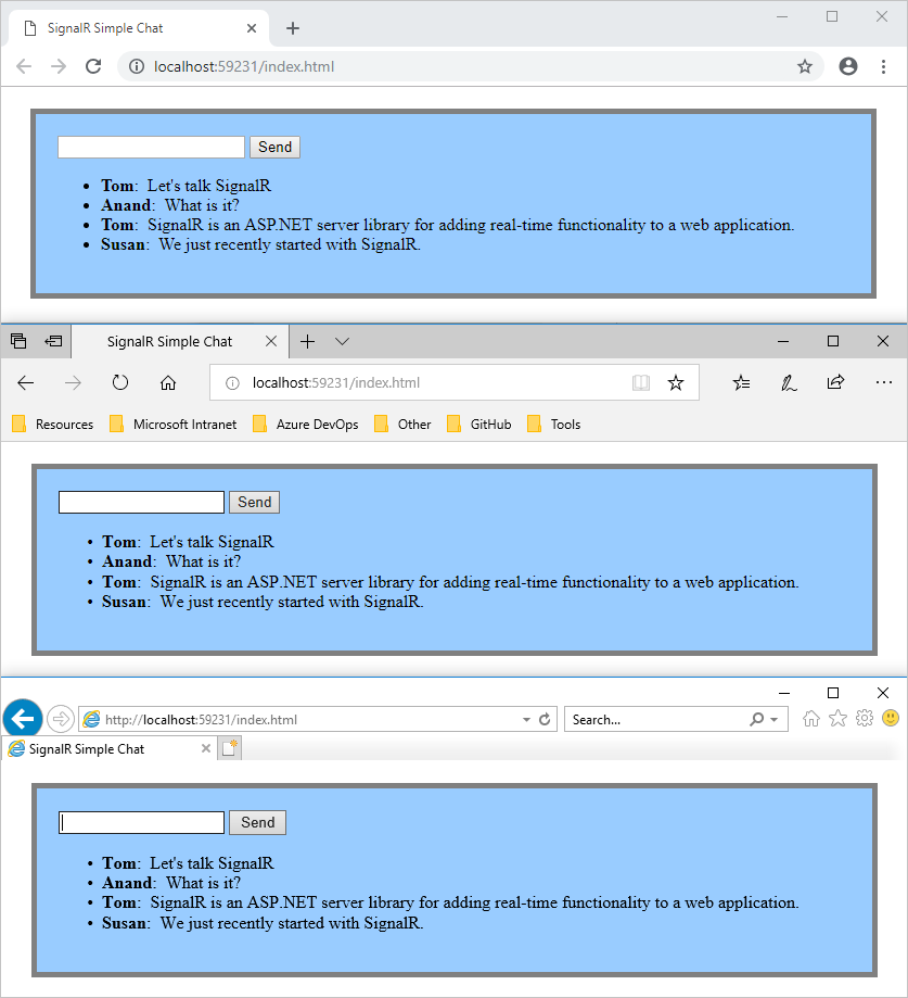 Tutti e tre i browser visualizzano la stessa cronologia delle chat