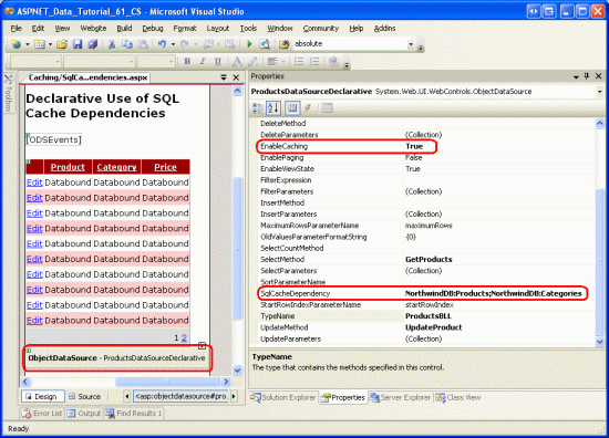 Configurare ObjectDataSource per supportare la memorizzazione nella cache tramite dipendenze della cache SQL in prodotti e categorie