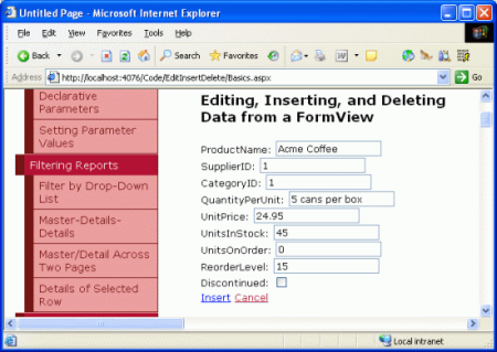 InsertItemTemplate determina l'interfaccia di inserimento di FormView