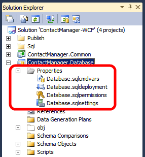 Se si apre la soluzione di esempio Contact Manager in Visual Studio 2010, si noterà che il progetto di database include una cartella Properties contenente quattro file.