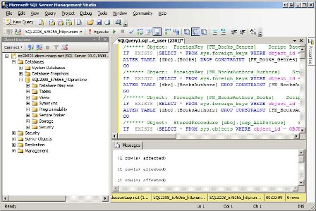 Screenshot della finestra microsoft SQL Server Management Studio, che mostra i comandi del file di script vengono eseguiti nel server di produzione.