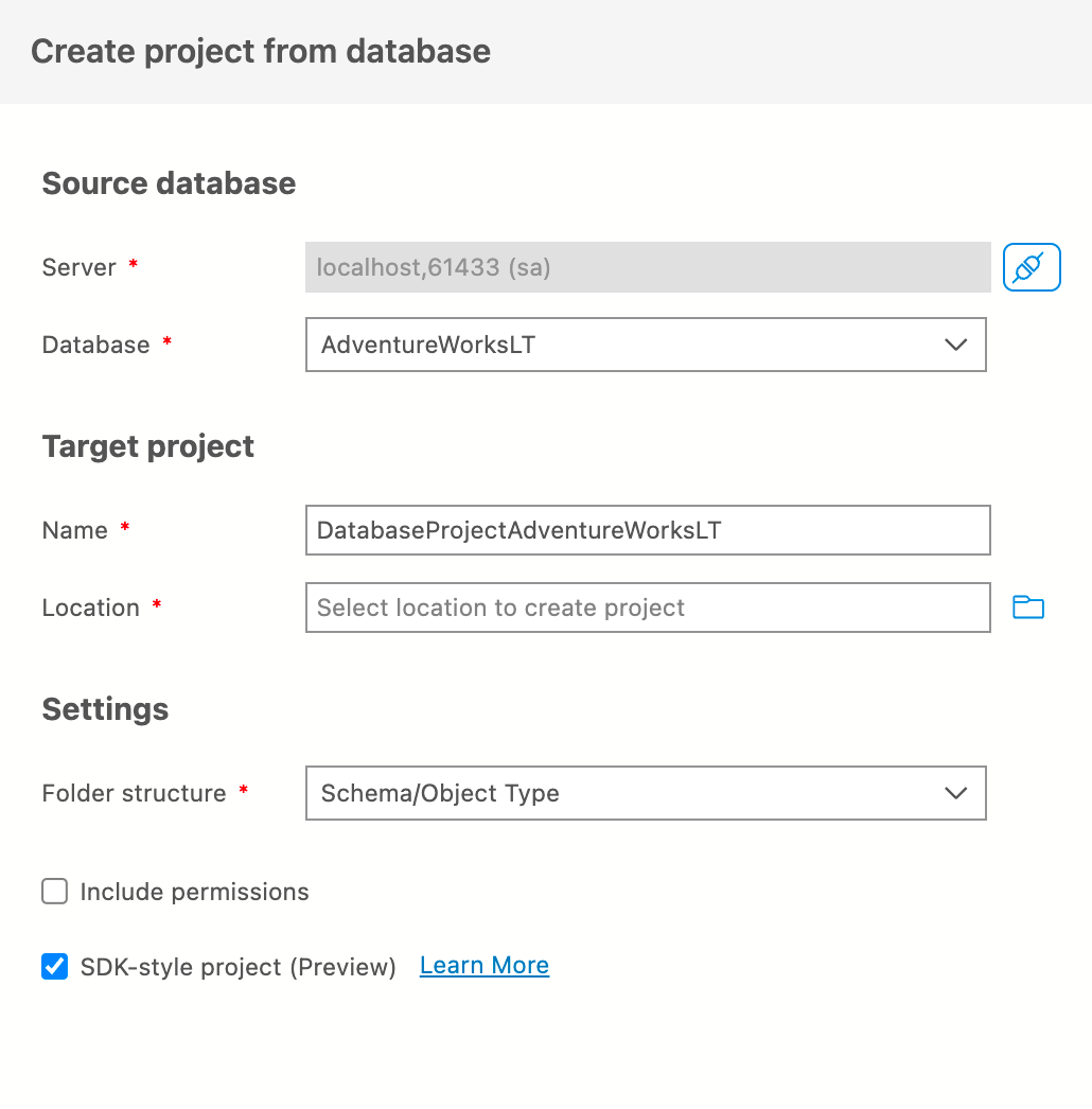 Screenshot della finestra di dialogo Crea progetto dal database.