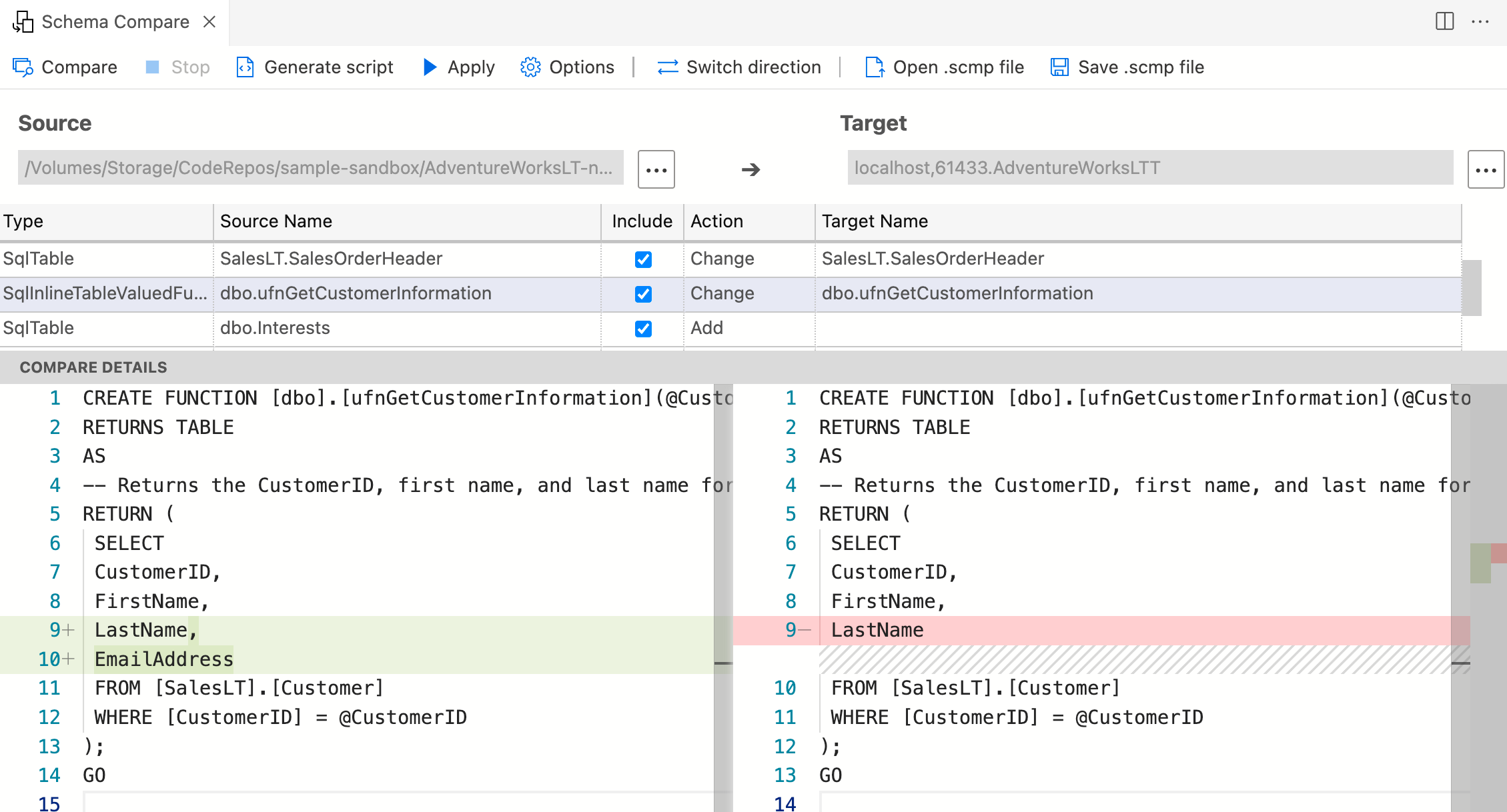 Screenshot della finestra di dialogo di confronto dello schema che confronta un progetto SQL con un database.