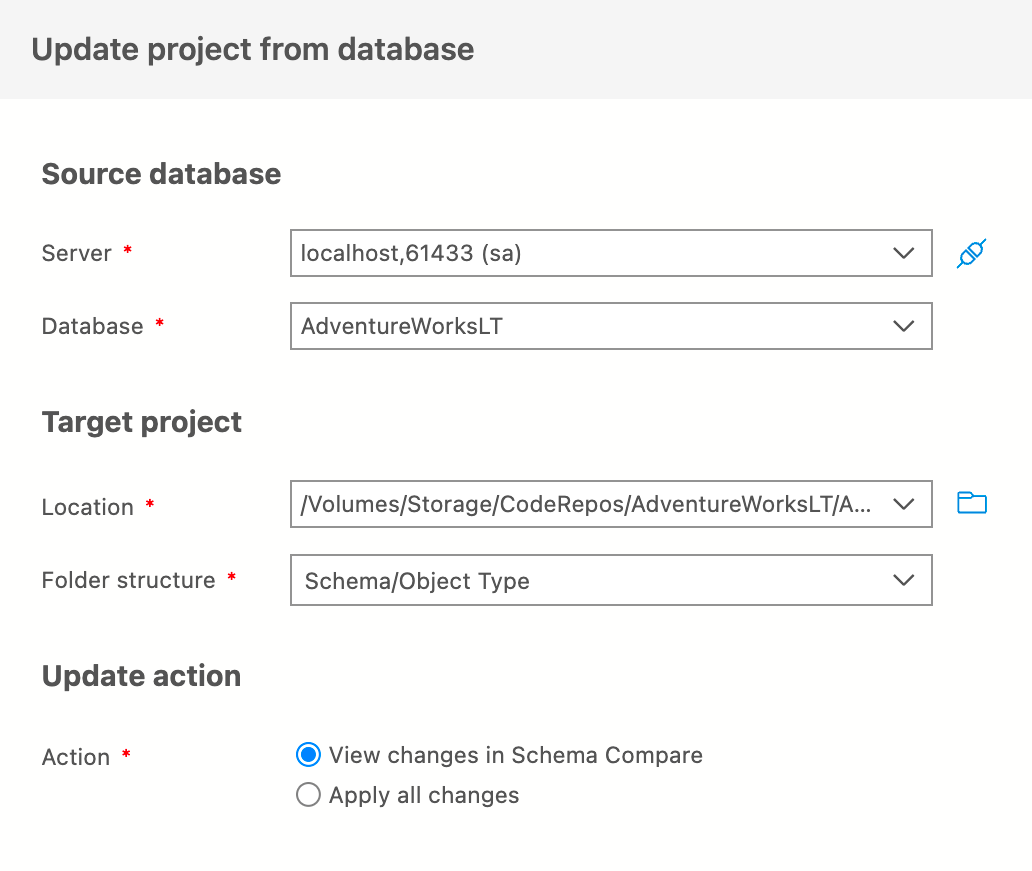 Screenshot dell'aggiornamento di Project dalla finestra di dialogo Database.