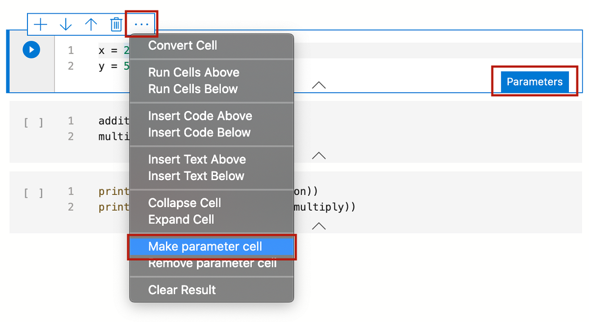 Screenshot che mostra la creazione di una nuova cella di parametri con l'opzione Parametri selezionata.