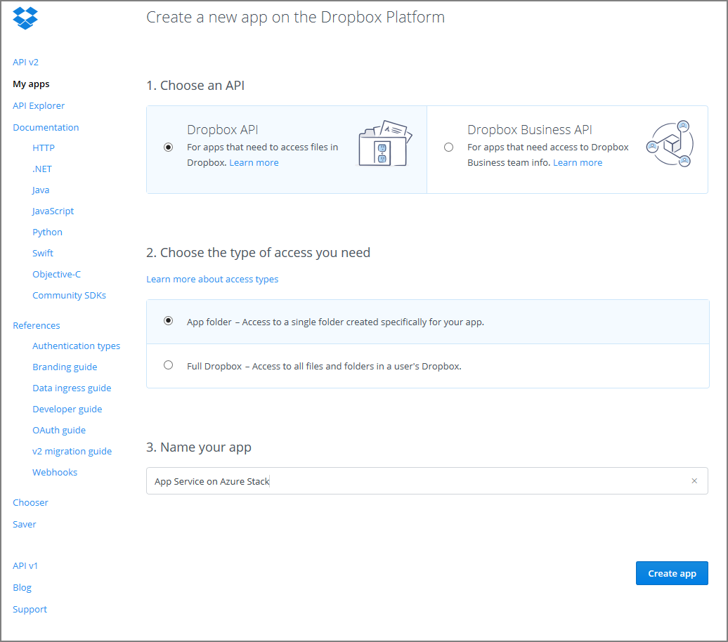 Registrazione dell'applicazione Dropbox