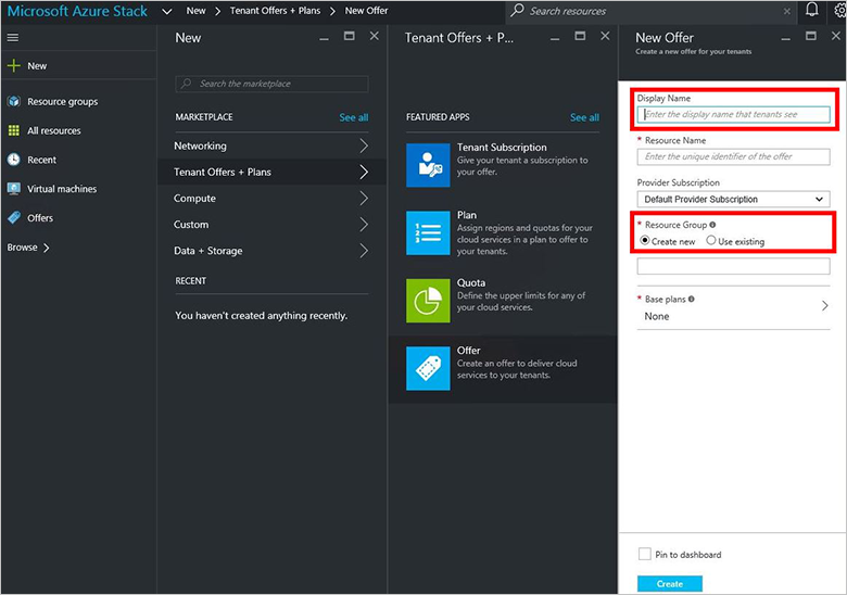 Screenshot che mostra come creare una risorsa per una nuova offerta nell'hub di Azure Stack.