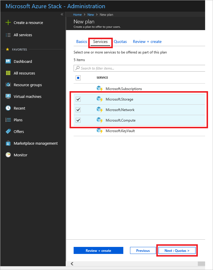 Screenshot che mostra come selezionare i servizi per il nuovo piano nell'hub di Azure Stack.