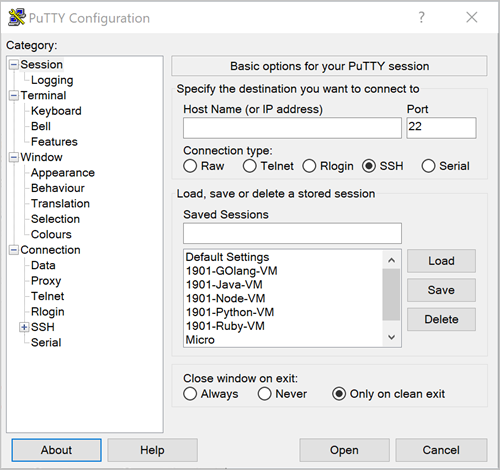 Riquadro Configurazione puTTY