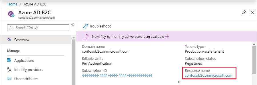 Screenshot che mostra come selezionare la risorsa Azure AD B2C in portale di Azure.