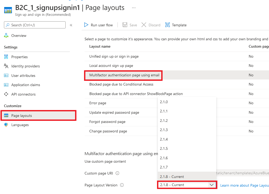 Page layout selection in Azure AD B2C in the Azure portal.